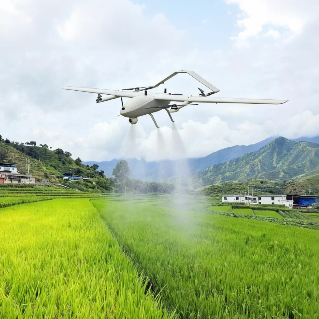 Agricultural drones spraying pesticides