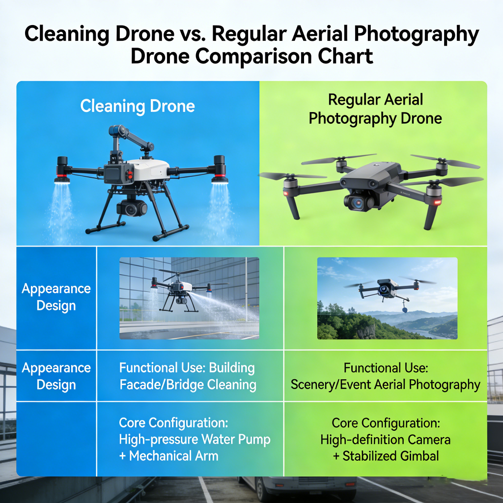 Comparison of building cleaning drones and regular aerial photography drones