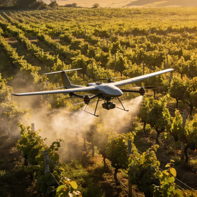 pesticide spraying drone flying over vineyard for precise pesticide application