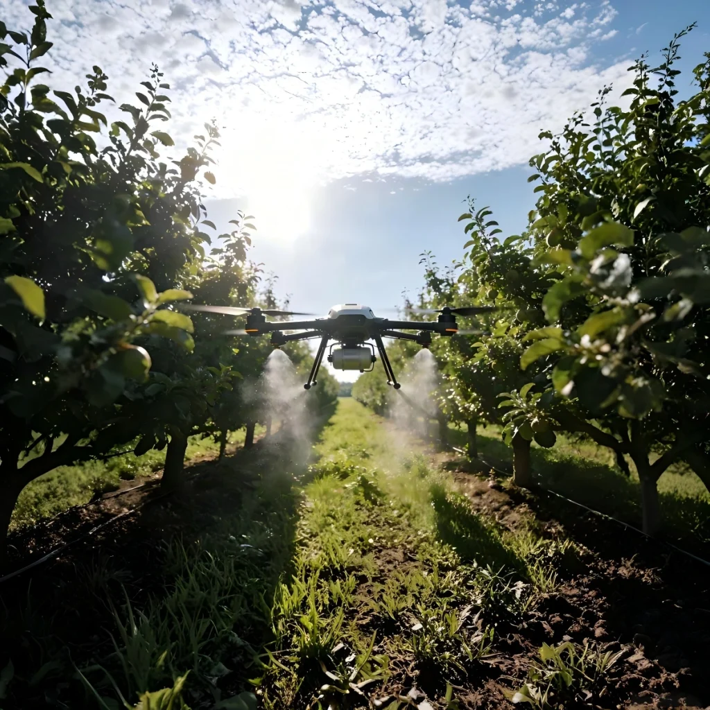 drone spraying pesticides in vineyard on slope