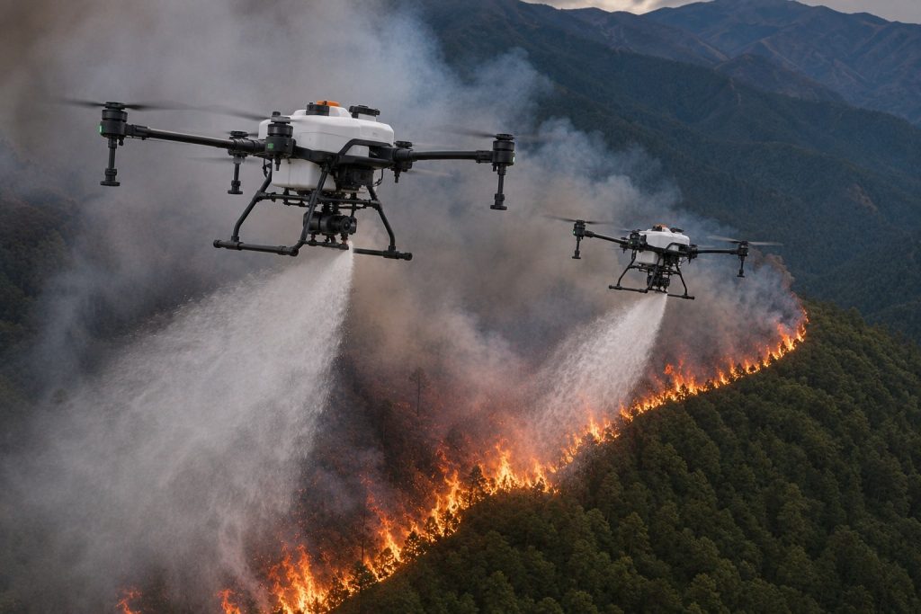 Firefighting drones work together to extinguish forest fires