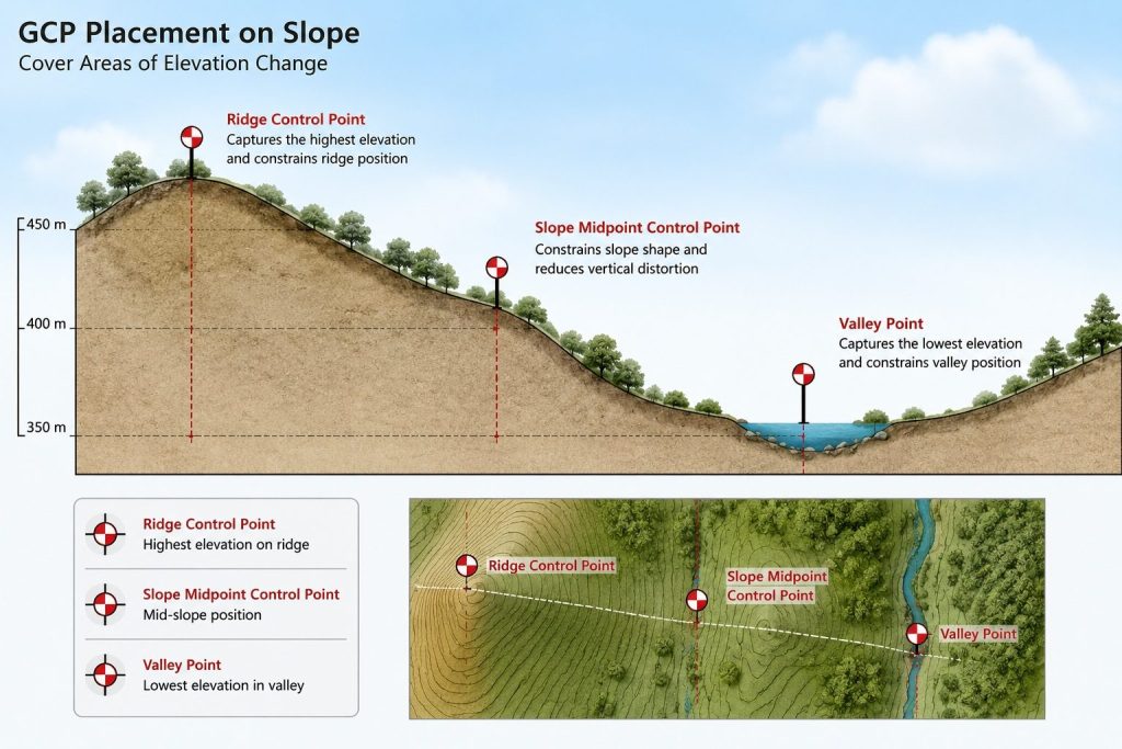 Ground control point placement on terrain elevation changes for DEM accuracy