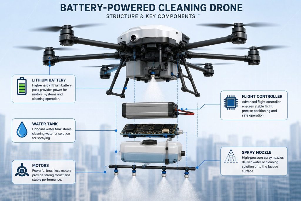 Battery-powered cleaning drone structure and onboard power system
