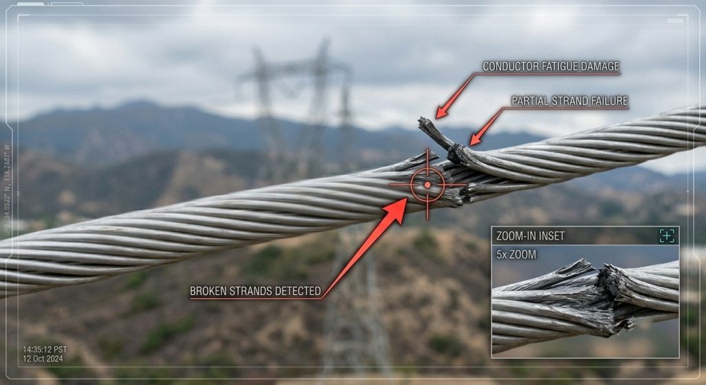 Close-up drone inspection showing broken strands on overhead power conductor