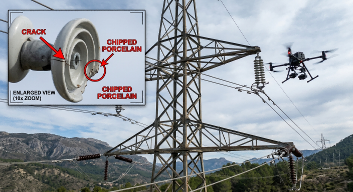 Drone inspection close-up of cracked and damaged electrical insulators on transmission line