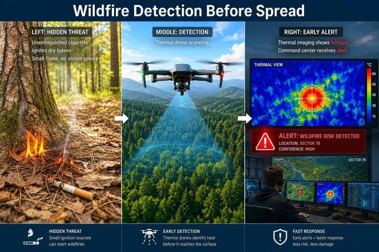Firefighting drone detecting hidden wildfire hotspots before flames spread