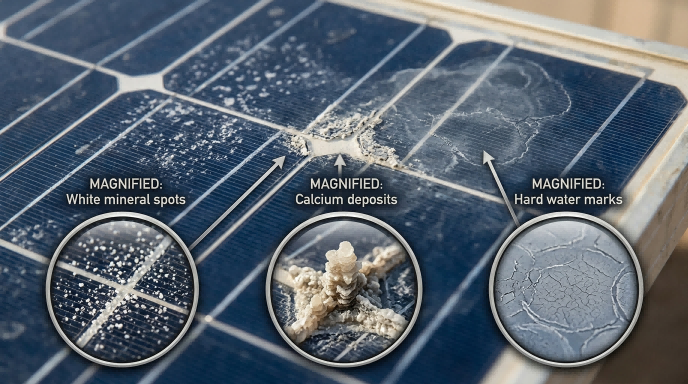Hard water stains and mineral deposits on solar panel glass surface