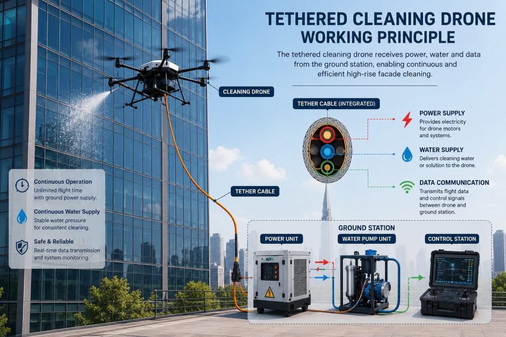 How a tethered cleaning drone receives power and water from a ground station