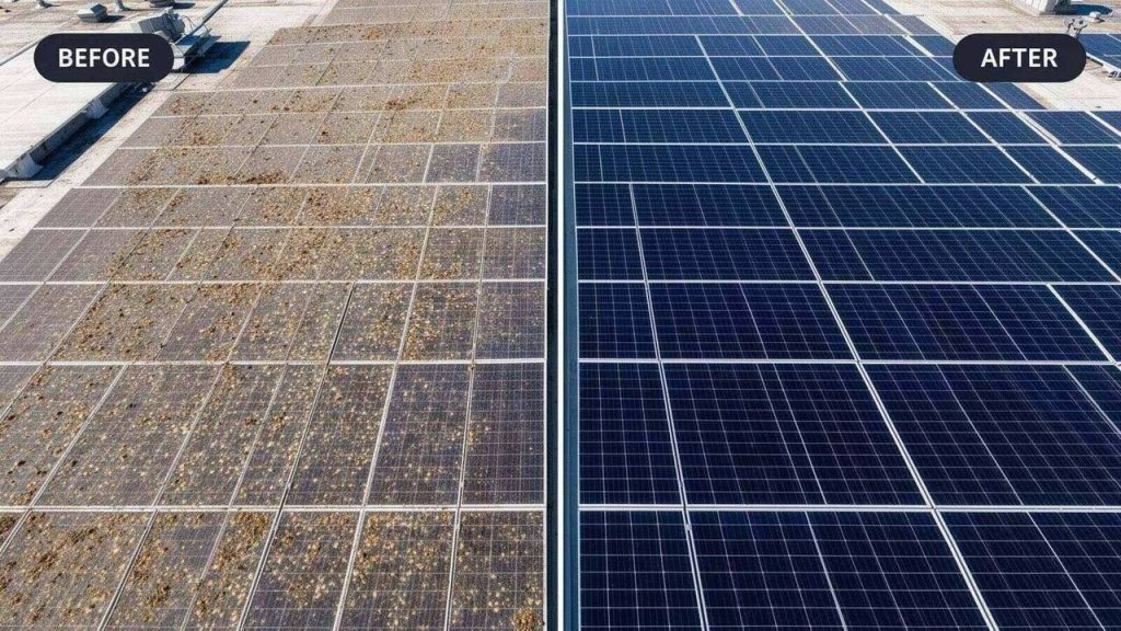 Solar Panel Cleaning Drone removing bird droppings from solar panels