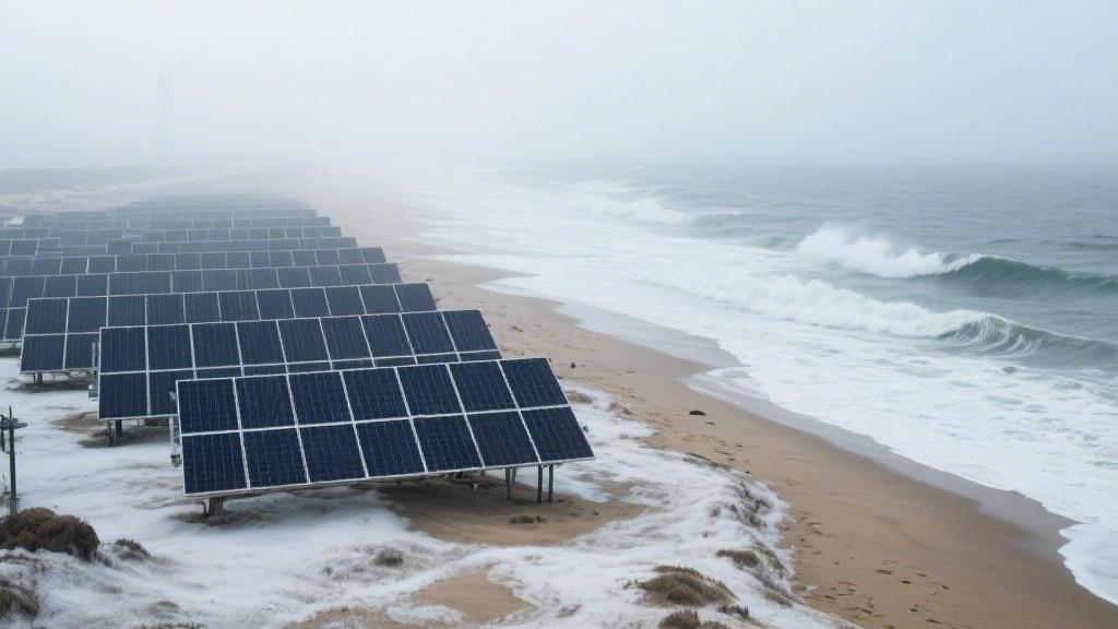 Solar panel cleaning drone removing salt deposits from coastal solar farms
