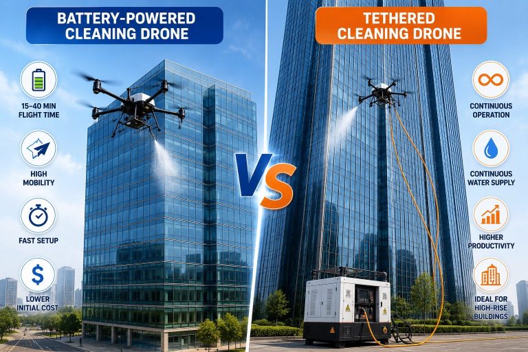 Tethered vs battery-powered cleaning drones