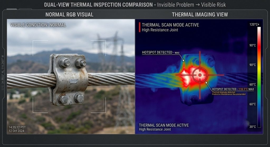 Thermal imaging drone detecting overheating electrical connectors on power transmission line