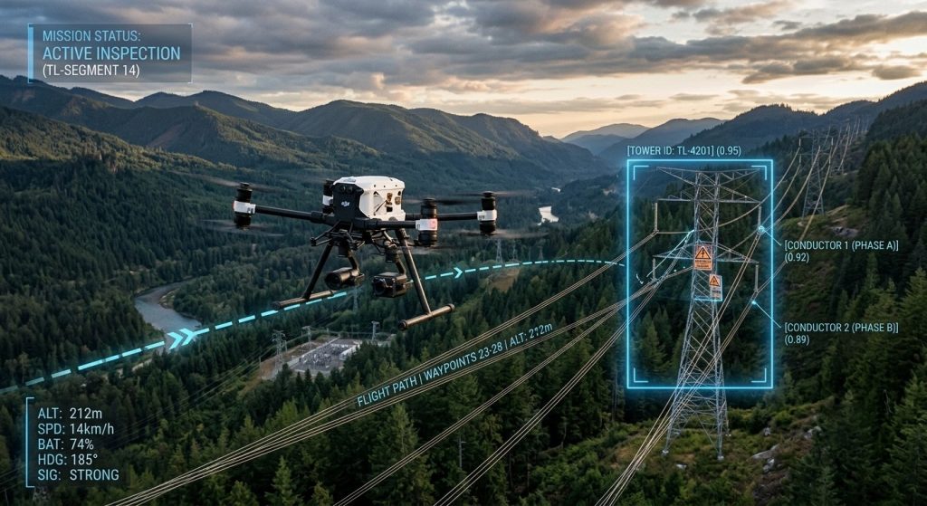 Transmission line inspection drone flying over high-voltage power lines in mountainous terrain