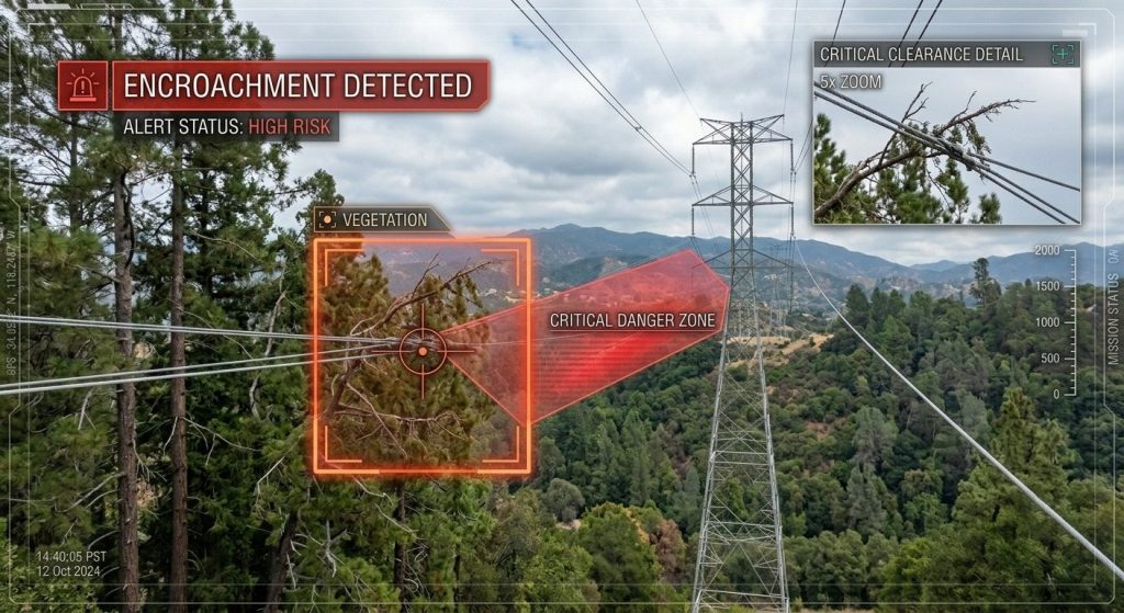 power line inspection drone detecting vegetation encroachment near high-voltage transmission lines