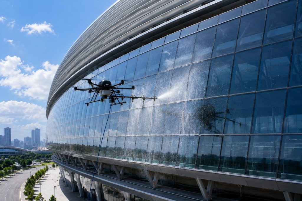 Cleaning drone operating along the curved facade of a stadium