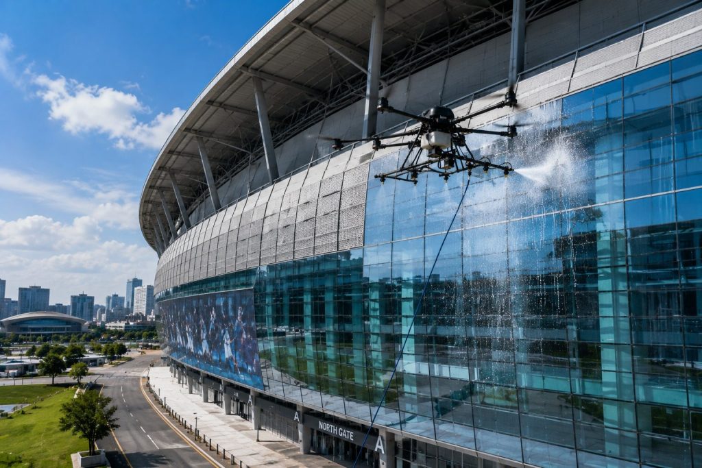 Cleaning drone washing the exterior glass facade of a modern sports stadium