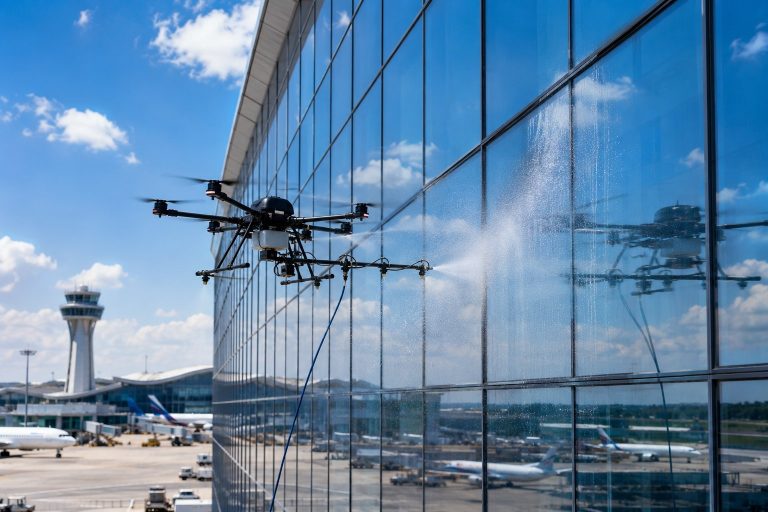 Cleaning drones are cleaning the glass curtain walls of the airport