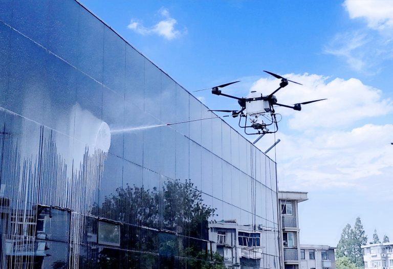 Commercial cleaning drone performing high-rise building maintenance