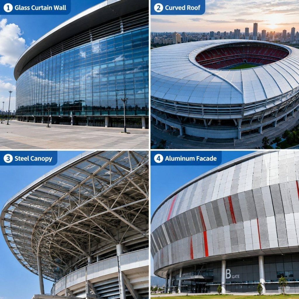 Different exterior facade structures commonly found in modern stadiums