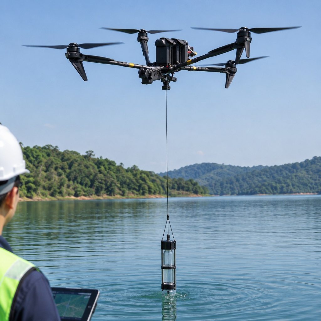 Industrial drone collecting water samples from a lake for environmental monitoring