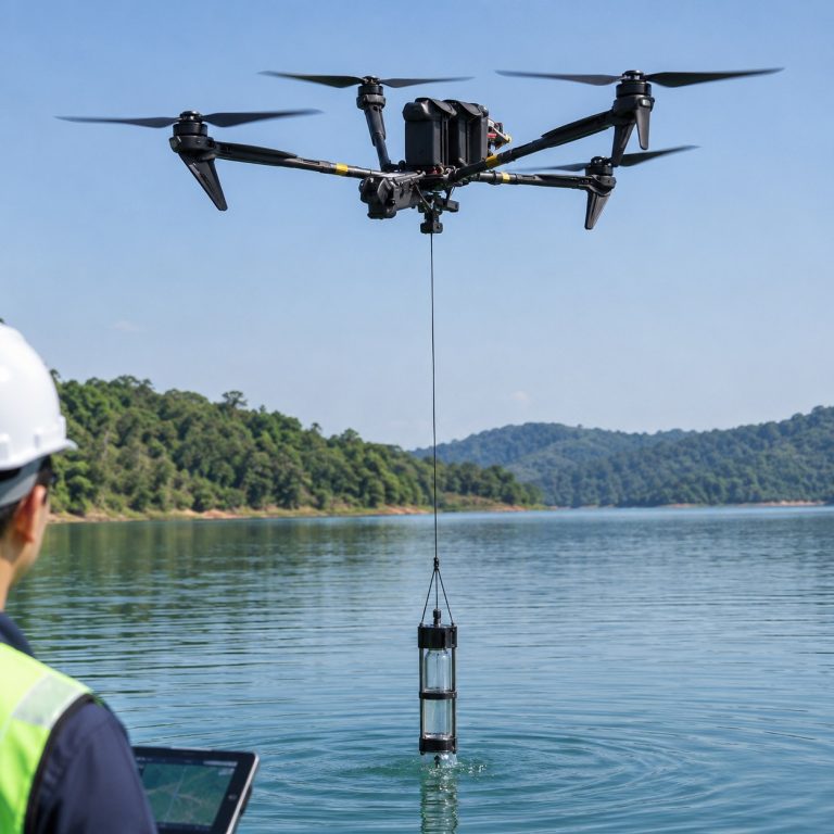 Industrial drone collecting water samples from a lake for environmental monitoring