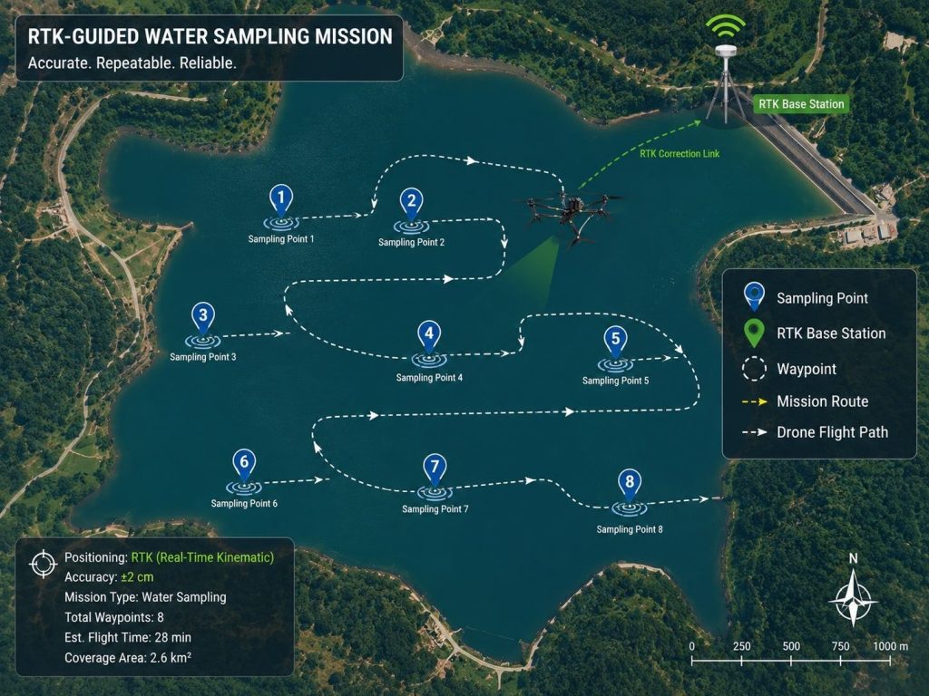 RTK drone flight path for repeatable water sampling locations