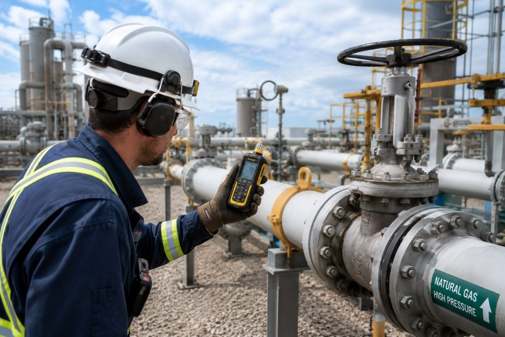 Technician inspecting methane leaks using a handheld gas detector