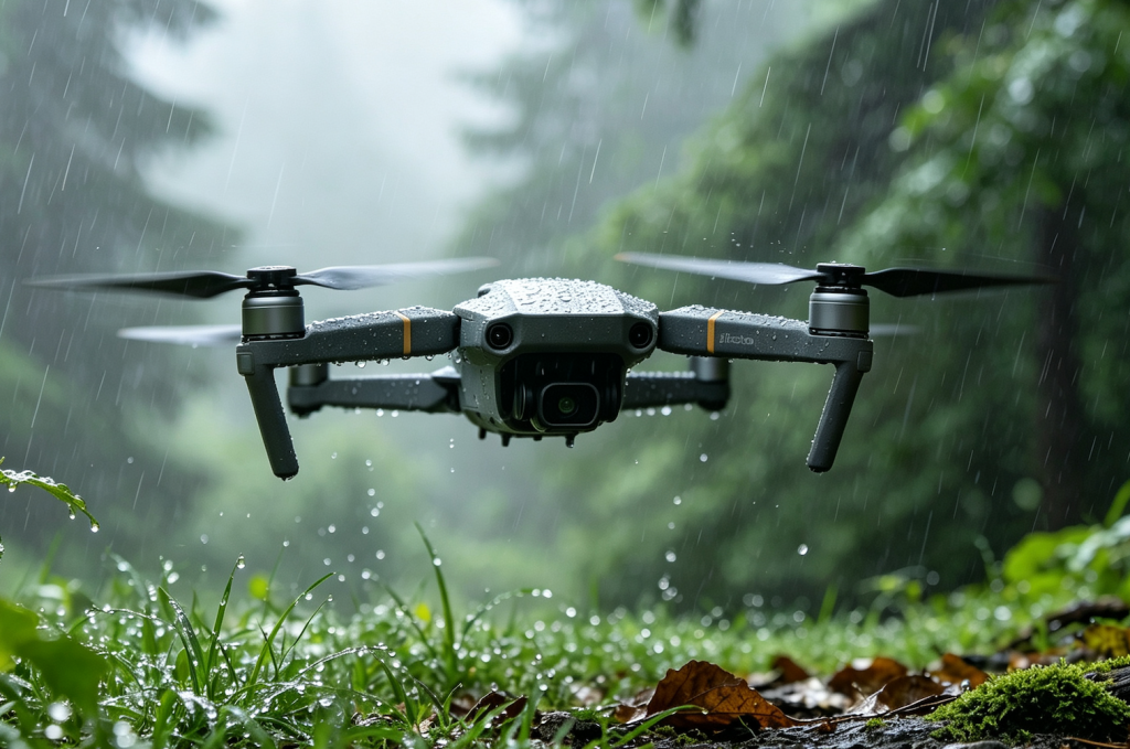 fly drone in rain