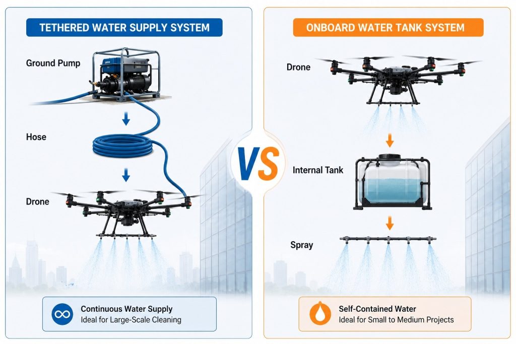 Difference between tethered water supply and onboard water tank drone