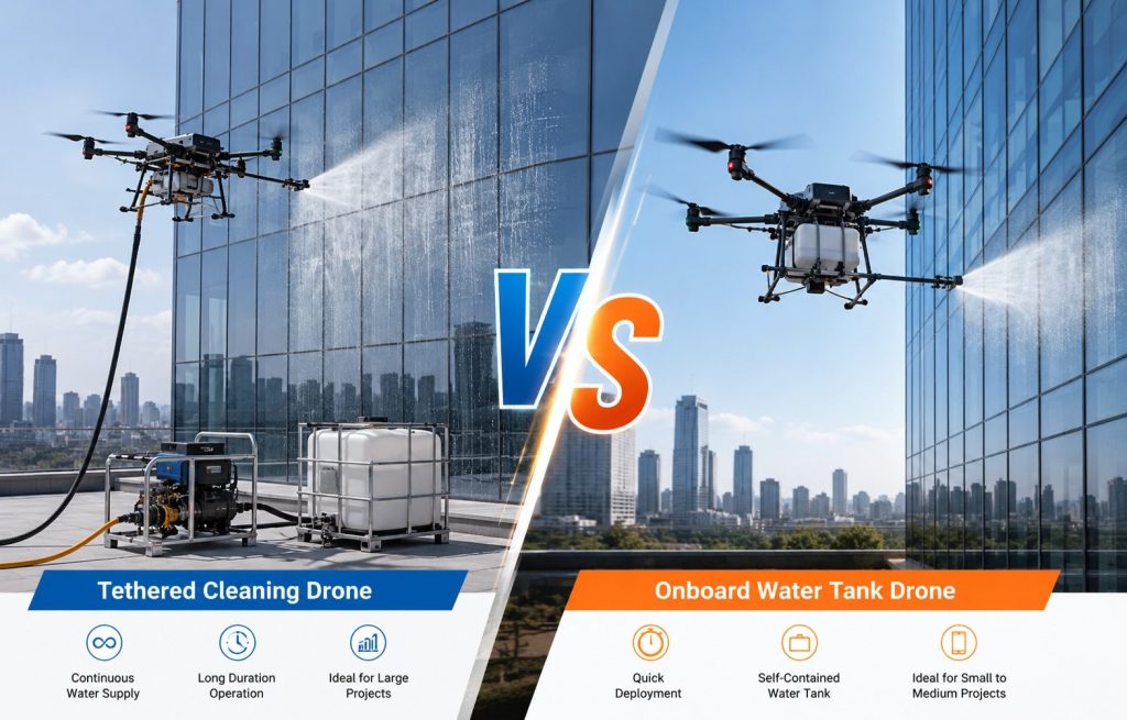 Tethered water supply drone vs onboard water tank drone cleaning system