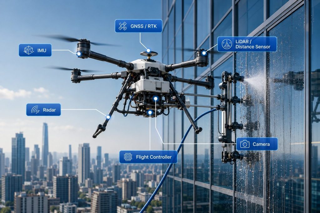 professional cleaning drone sensor system for facade cleaning