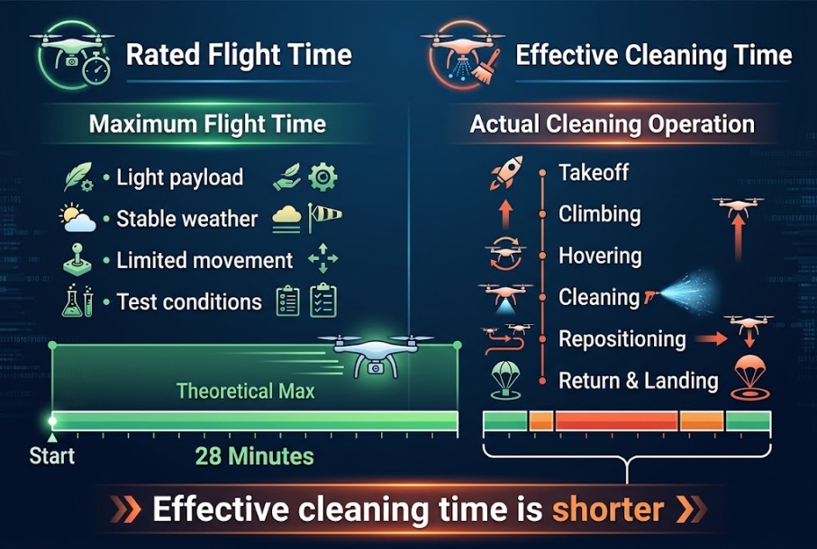 rated flight time vs effective cleaning time for a cleaning drone
