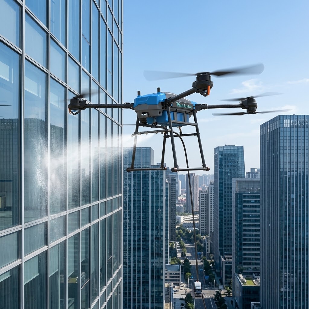Cleaning drone operating on high-rise glass facade in Malaysia