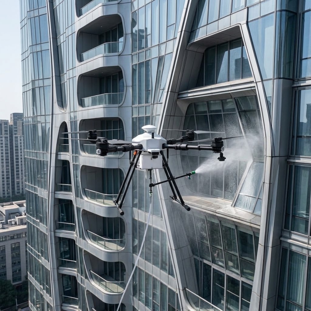 Cleaning drone operating range on complex high rise building facade