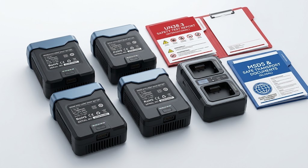Cleaning drone smart battery setup with UN38.3 and MSDS documents