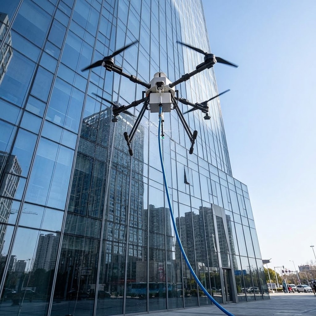 Cleaning drone water pressure and hose length on high rise building