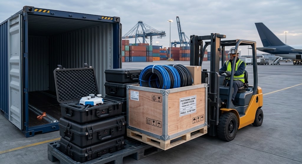 Forklift loading cleaning drone cases into a shipping container