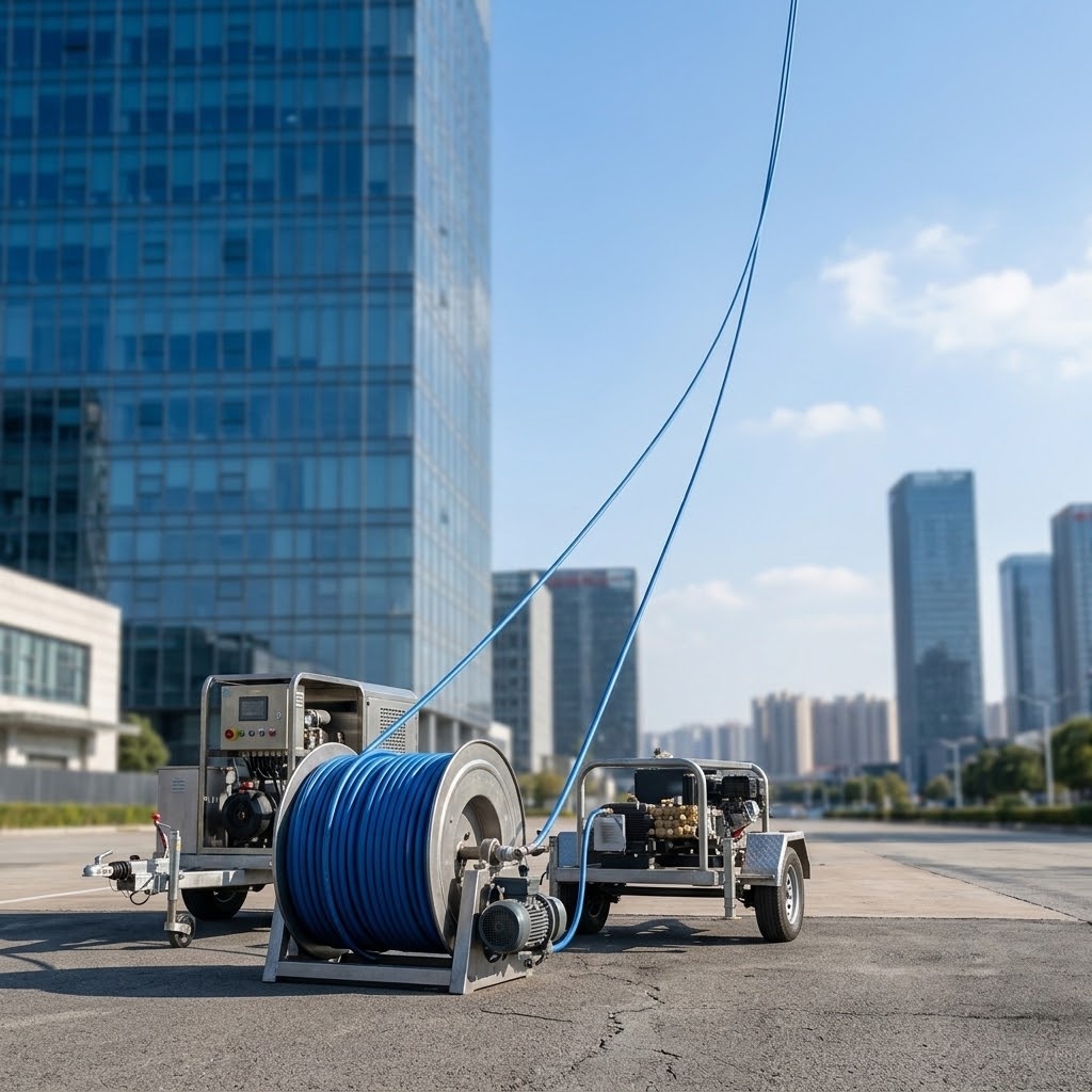 Ground water pump and hose reel system for drone cleaning operating range