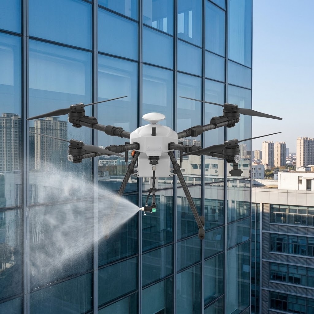 VA-D15R cleaning drone water pressure spraying on glass facade