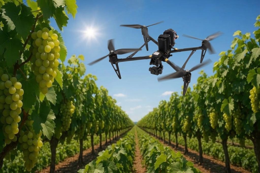 Autonomous inspection drone flying over vineyard rows for crop monitoring