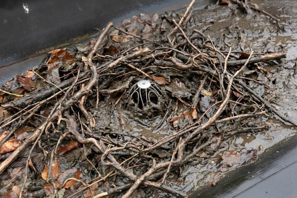 Clogged Industrial Gutter with Wet Leaves, Sediment and Blocked Drainage Outlet