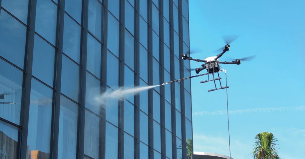 High Pressure Water Supply Hose Setup for Industrial Gutter Cleaning Drone