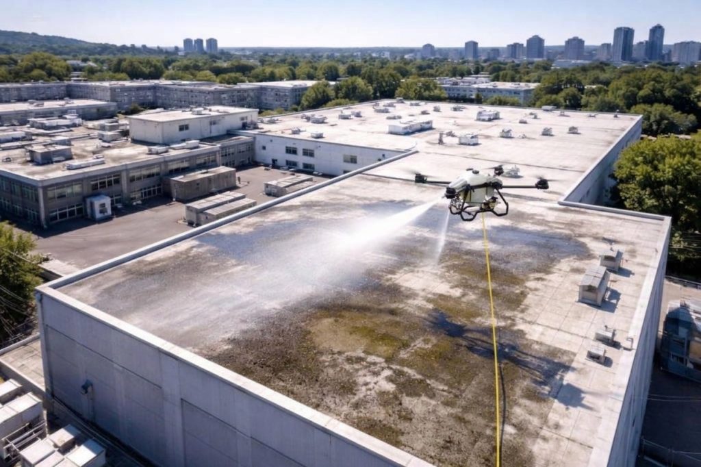 Industrial Cleaning Drone Positioning and Obstacle Clearance Near Roof Gutters