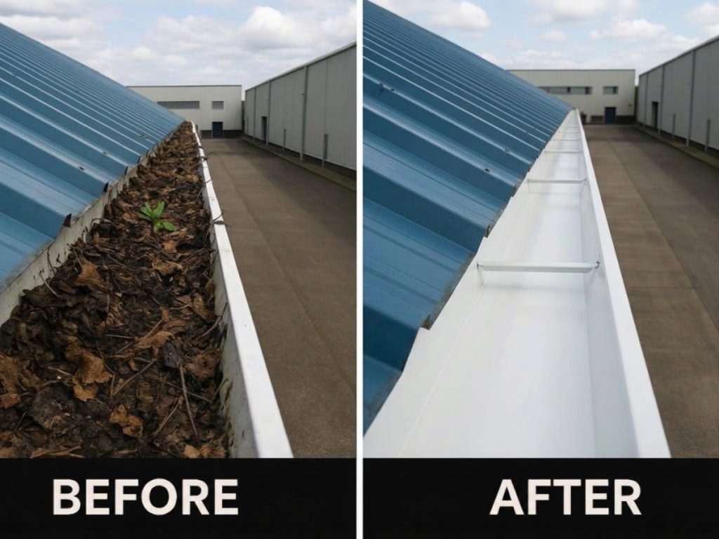 Industrial Gutter Cleaning Before and After with Drainage Inspection