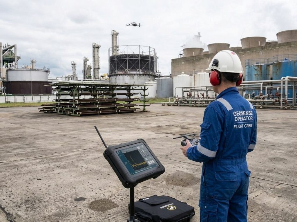Industrial drone operator monitoring a fuel tank inspection flight