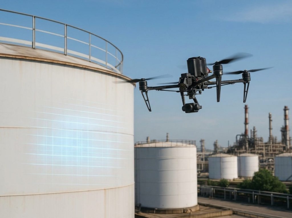 Industrial inspection drone for visual inspection of fuel storage tanks