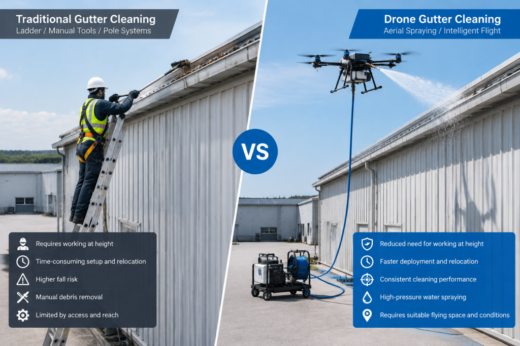 Traditional Gutter Cleaning vs. Drone Gutter Cleaning for Commercial Buildings