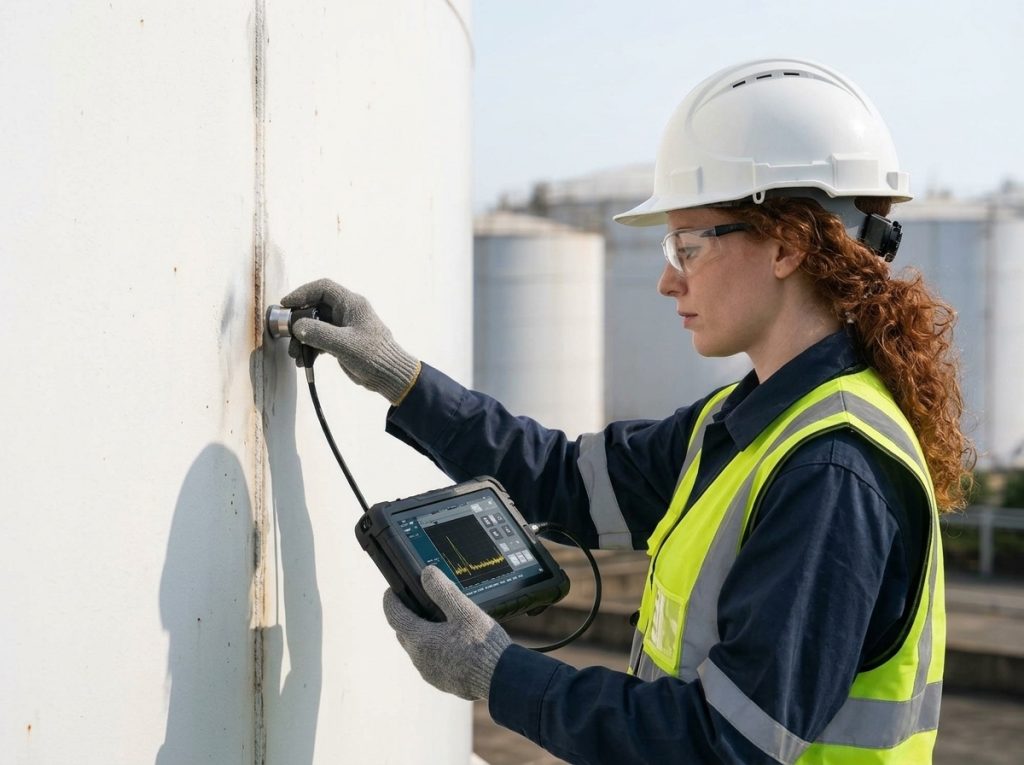 Ultrasonic thickness testing of an aboveground storage tank shell